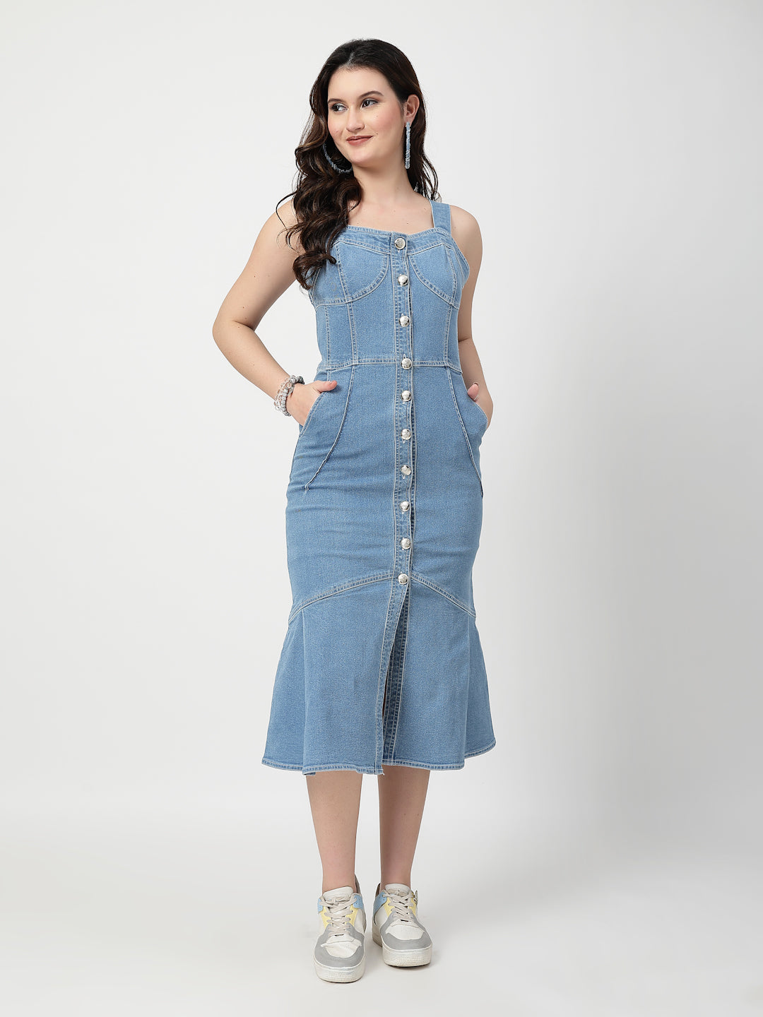 Solid Blue Cotton Denim Sleeveless Midi Dress