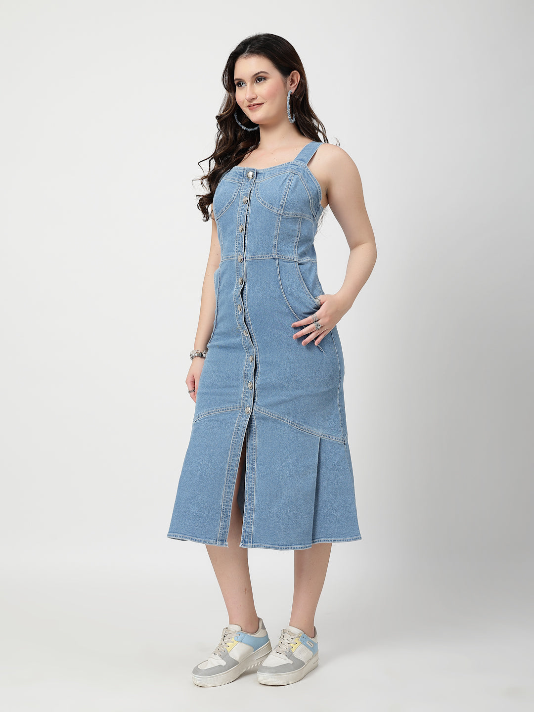 Solid Blue Cotton Denim Sleeveless Midi Dress