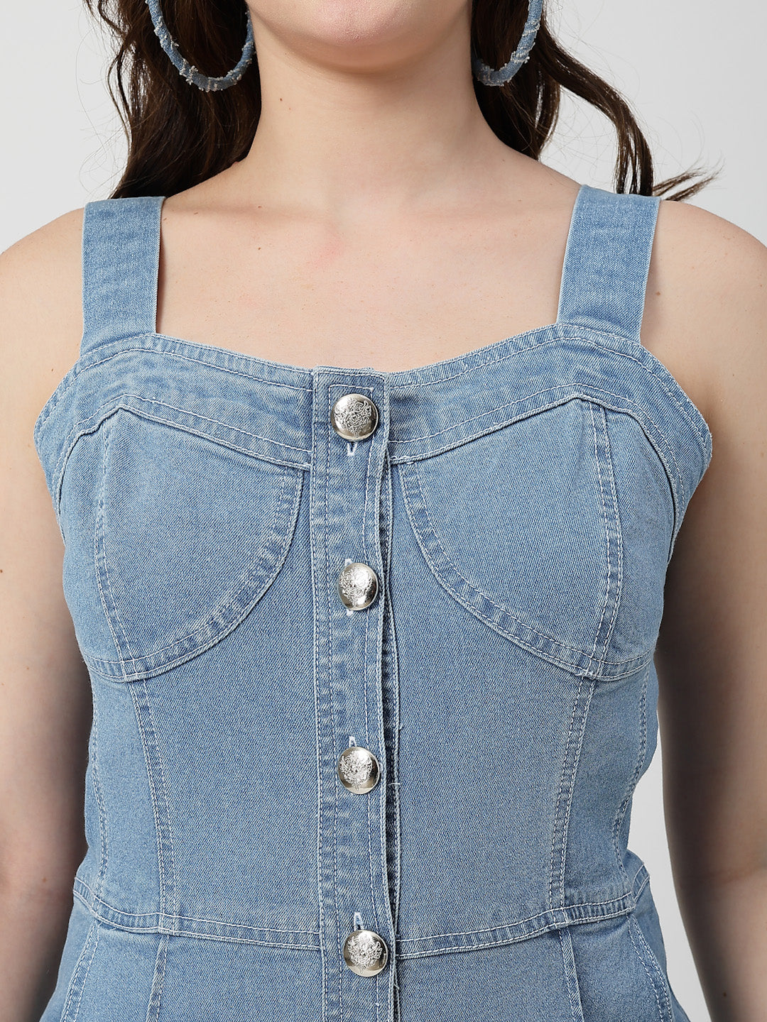 Solid Blue Cotton Denim Sleeveless Midi Dress