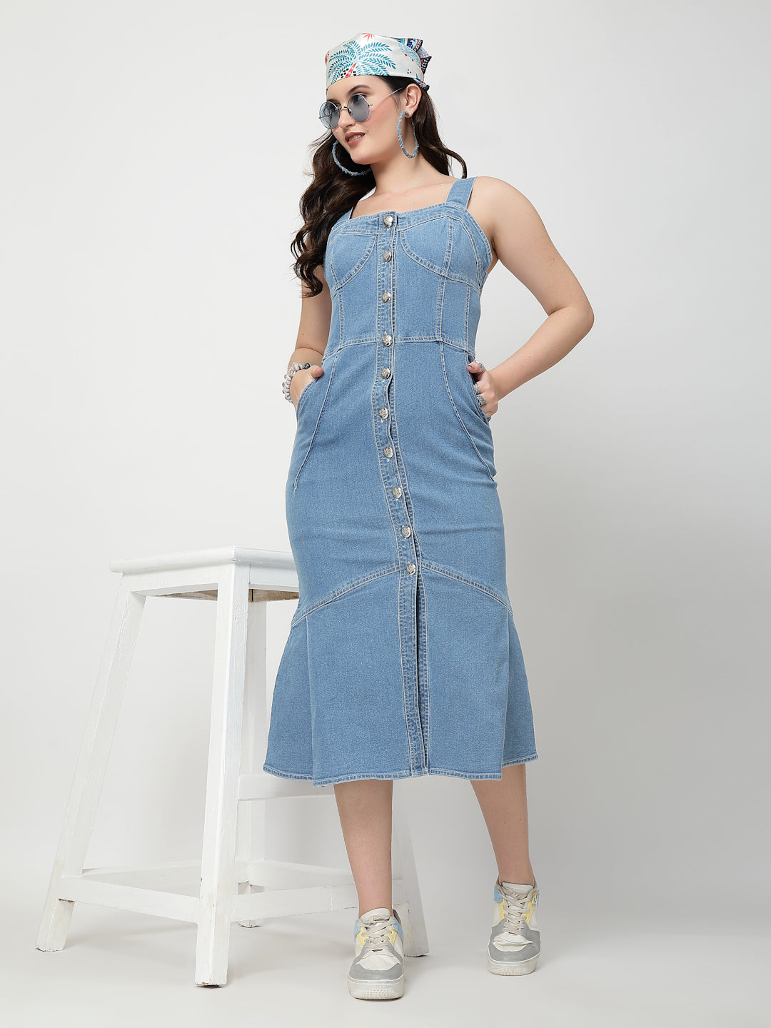 Solid Blue Cotton Denim Sleeveless Midi Dress