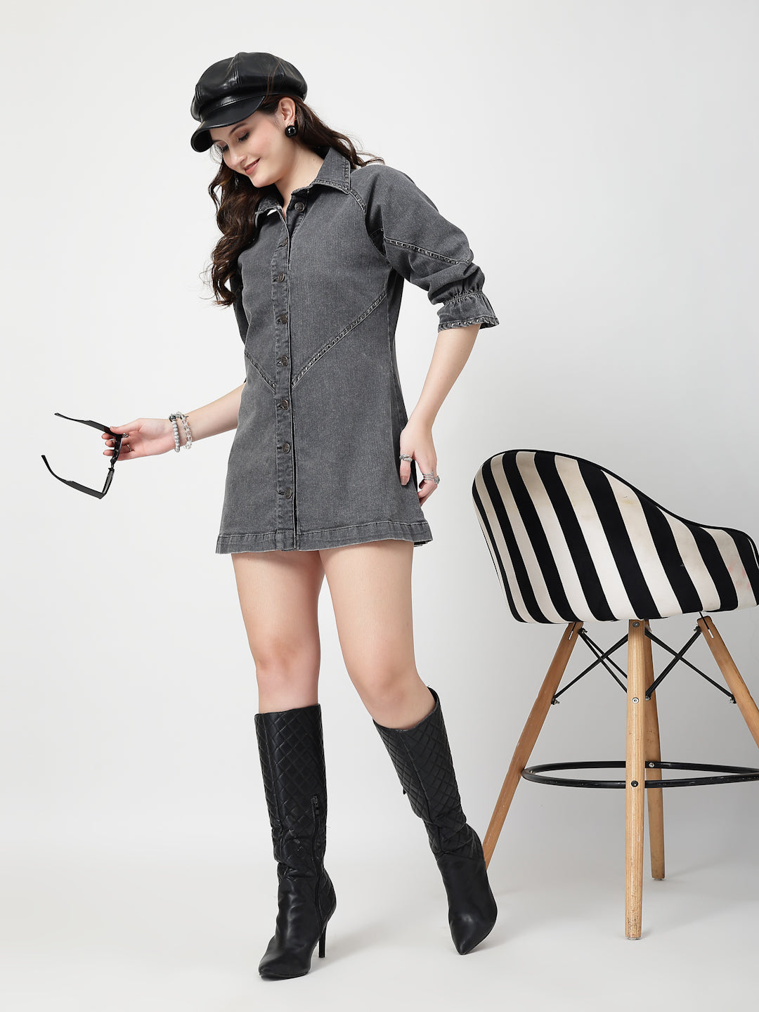 Grey Collared Denim Short Dress