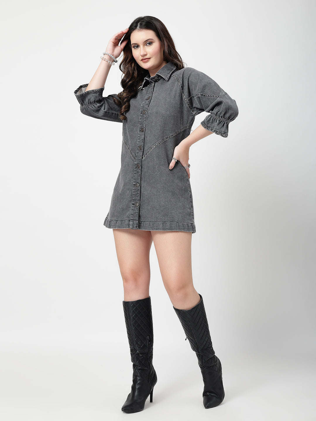 Women Grey Embroidered Denim Dress – 3/4th Sleeve Straight Fit Casual Wear