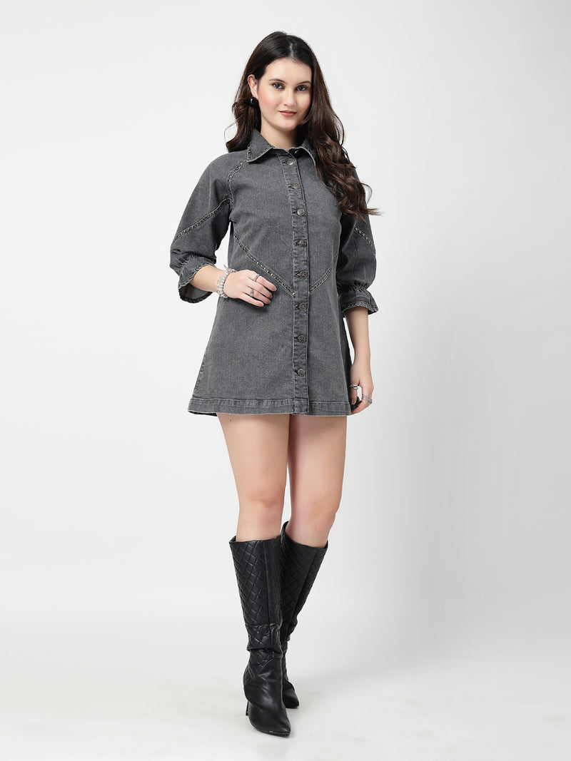Women Grey Embroidered Denim Dress – 3/4th Sleeve Straight Fit Casual Wear