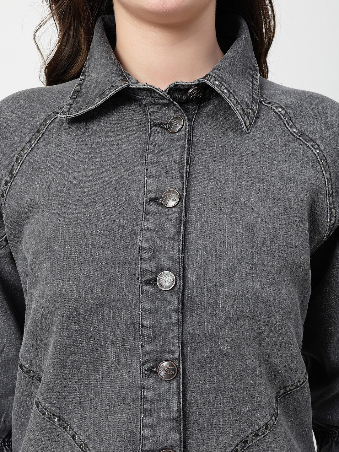 Women Grey Embroidered Denim Dress – 3/4th Sleeve Straight Fit Casual Wear