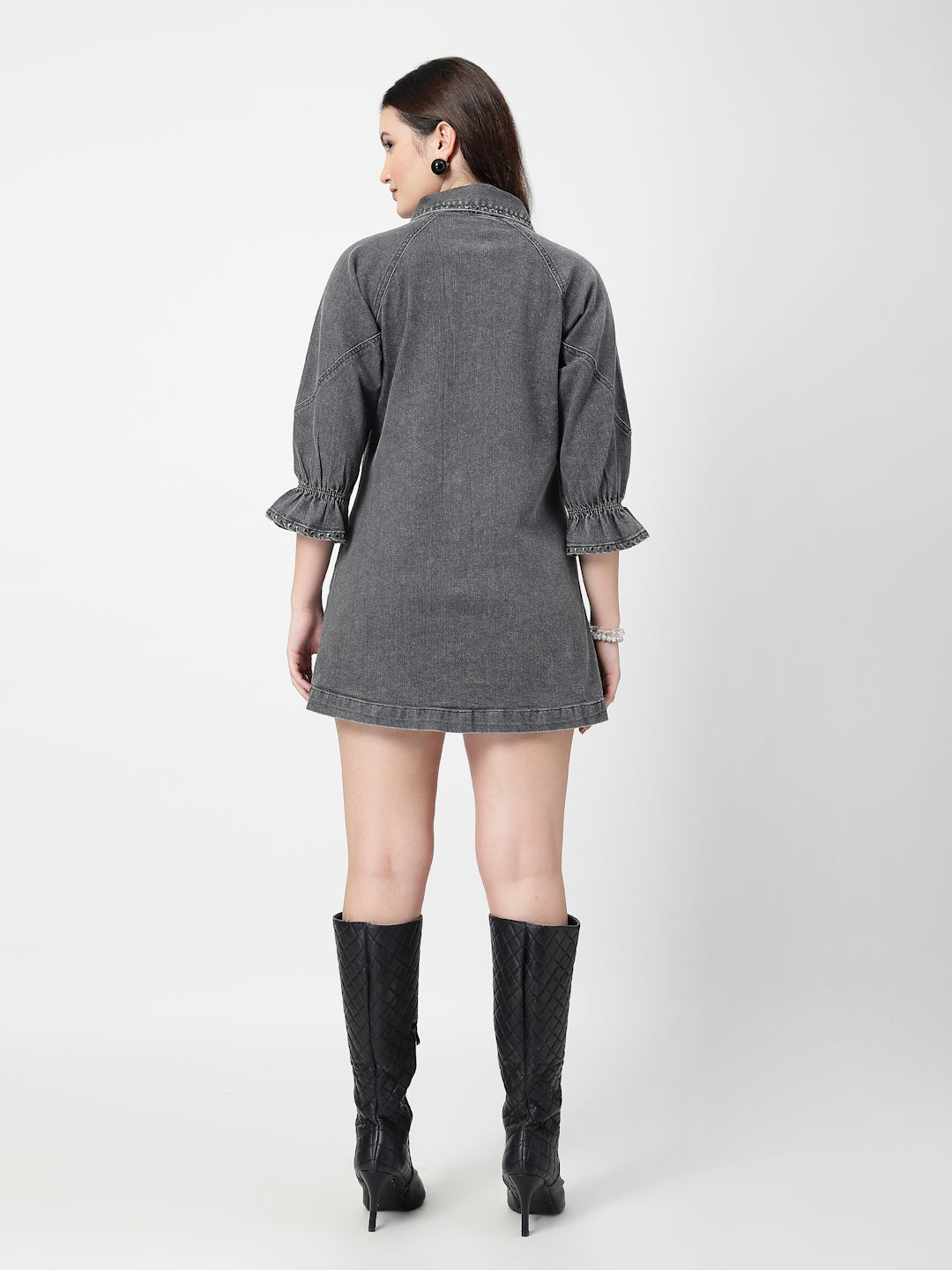 Women Grey Embroidered Denim Dress – 3/4th Sleeve Straight Fit Casual Wear