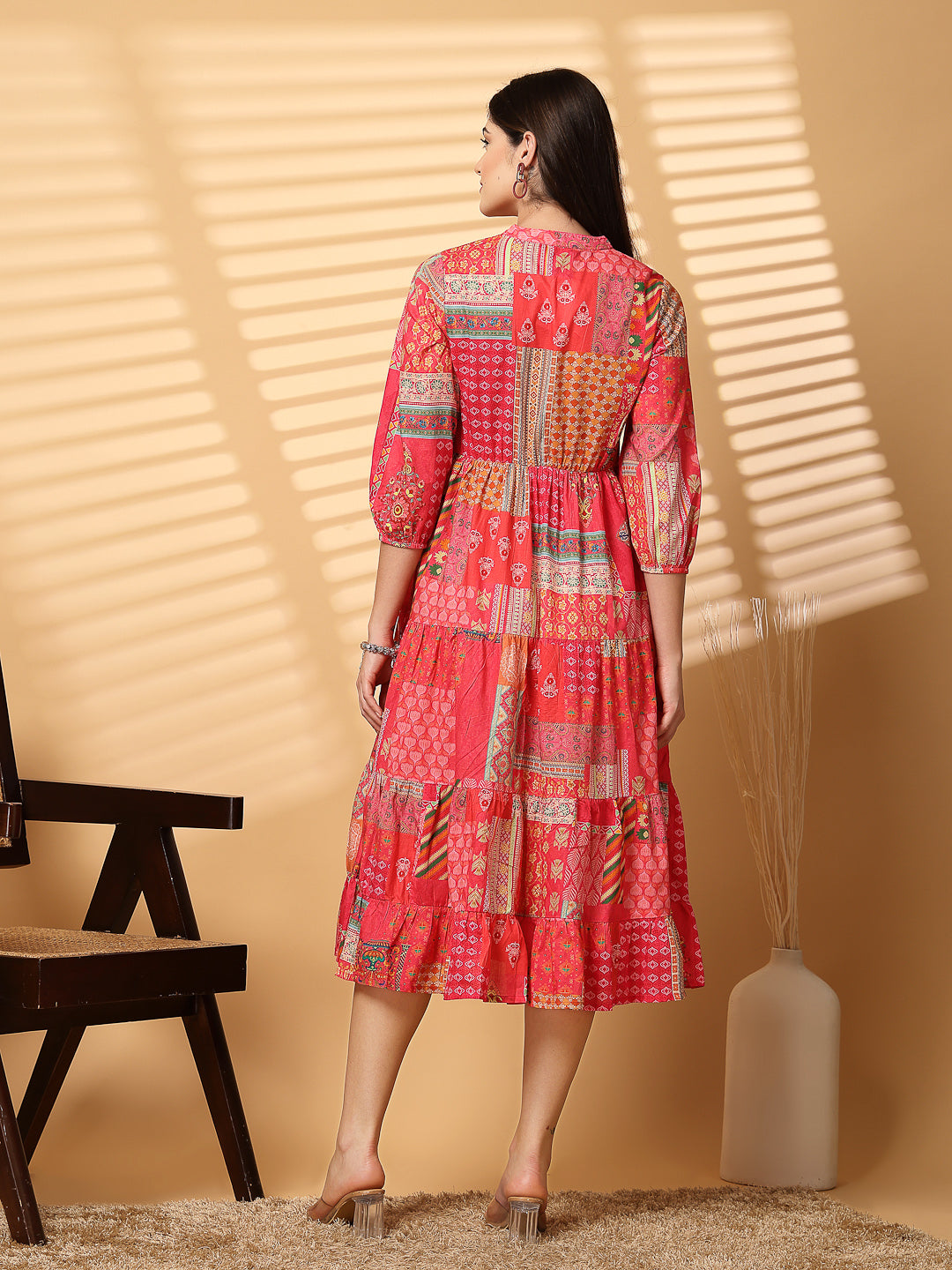 Cotton Cambric Printed Midi A-Line Red Dress - Cosmic Trio