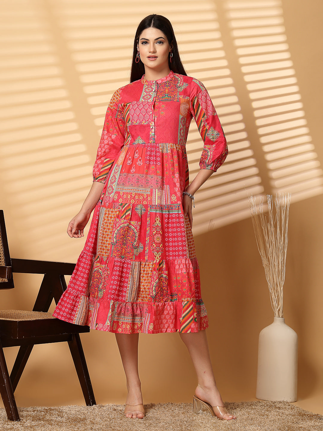 Cotton Cambric Printed Midi A-Line Red Dress - Cosmic Trio