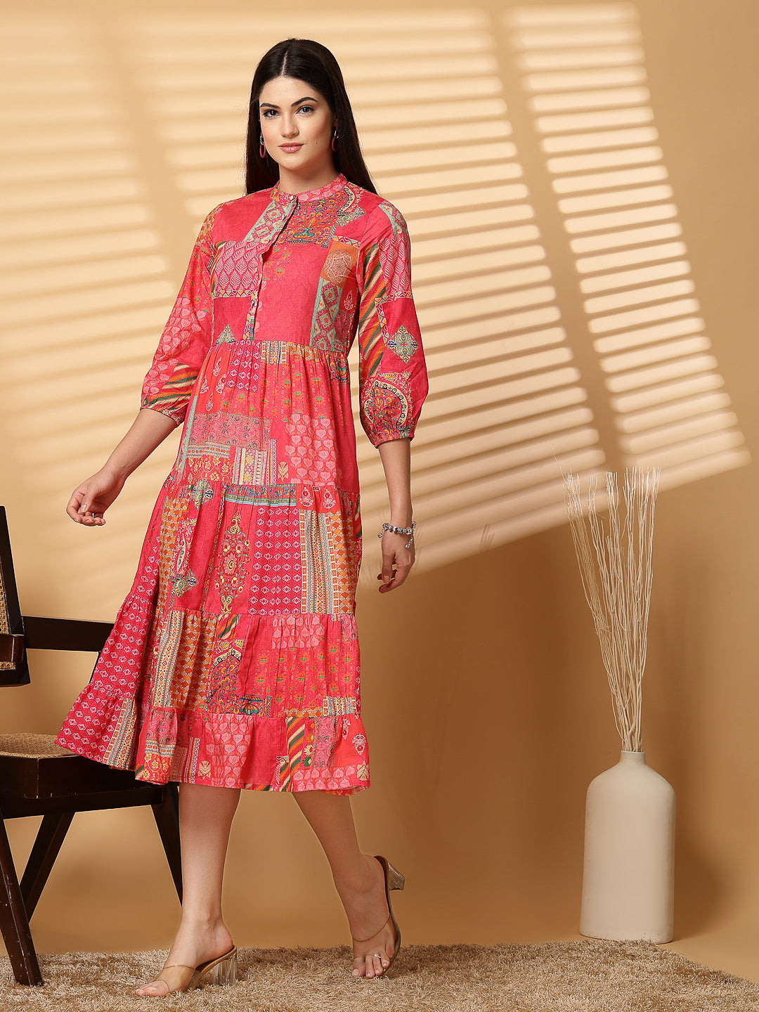 Cotton Cambric Printed Midi A-Line Red Dress - Cosmic Trio