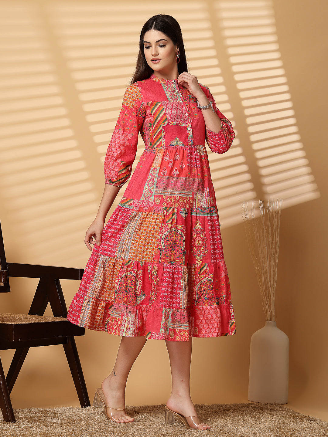 Cotton Cambric Printed Midi A-Line Red Dress - Cosmic Trio