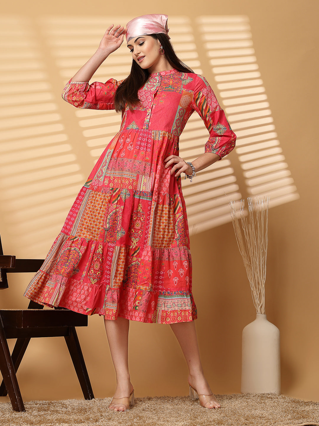 Cotton Cambric Printed Midi A-Line Red Dress - Cosmic Trio