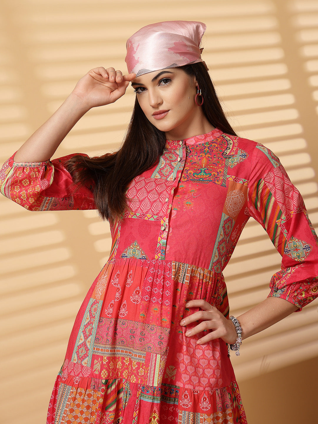 Cotton Cambric Printed Midi A-Line Red Dress - Cosmic Trio