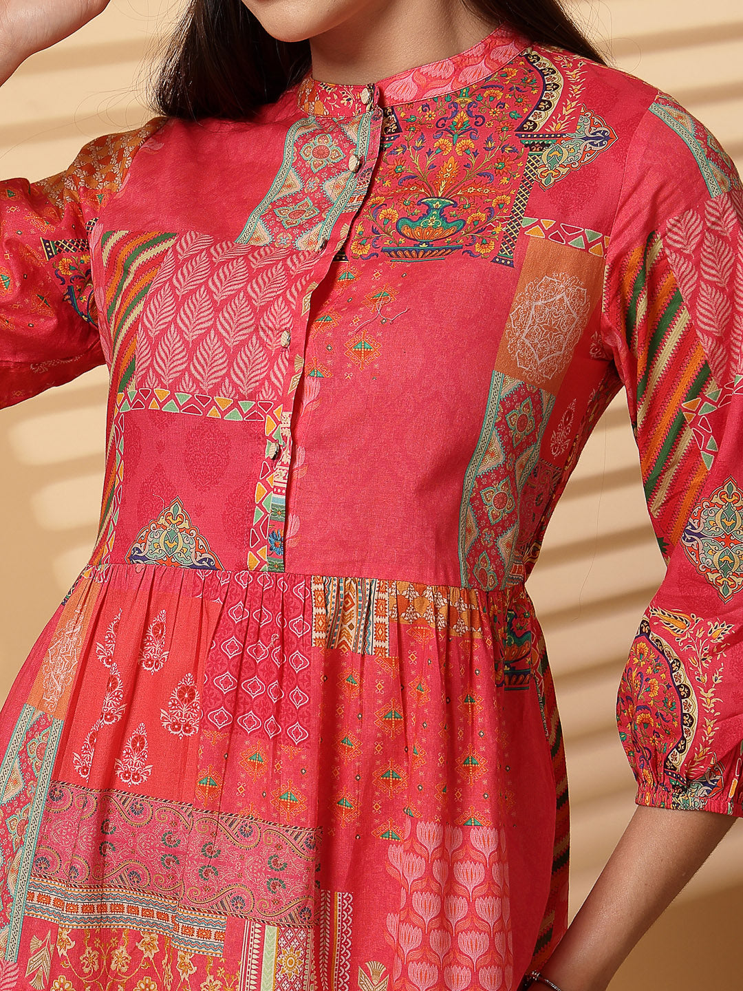 Cotton Cambric Printed Midi A-Line Red Dress - Cosmic Trio