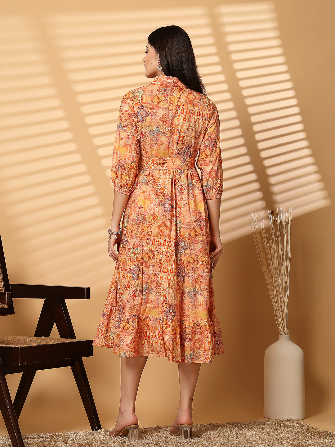 Cotton Cambric Printed Midi A-Line Orange Dress - Cosmic Trio