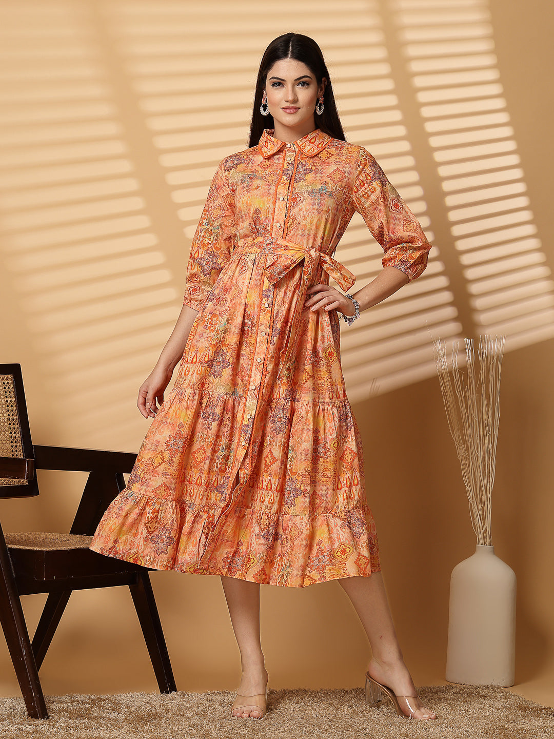 Cotton Cambric Printed Midi A-Line Orange Dress - Cosmic Trio