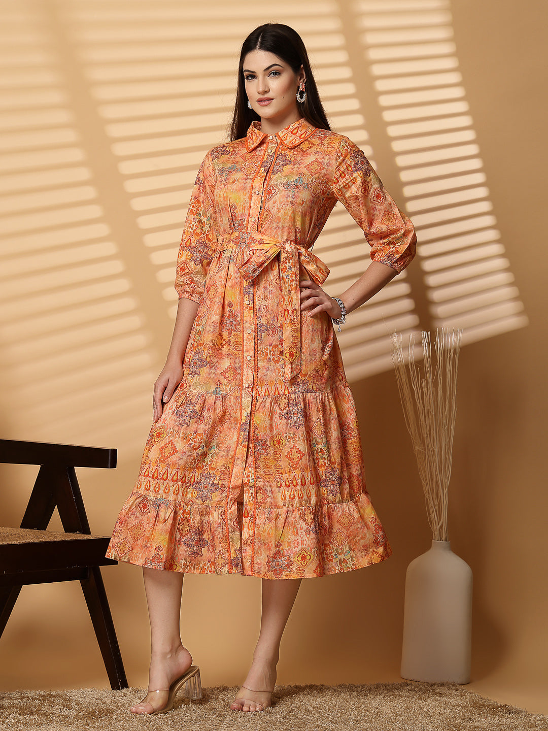 Cotton Cambric Printed Midi A-Line Orange Dress - Cosmic Trio