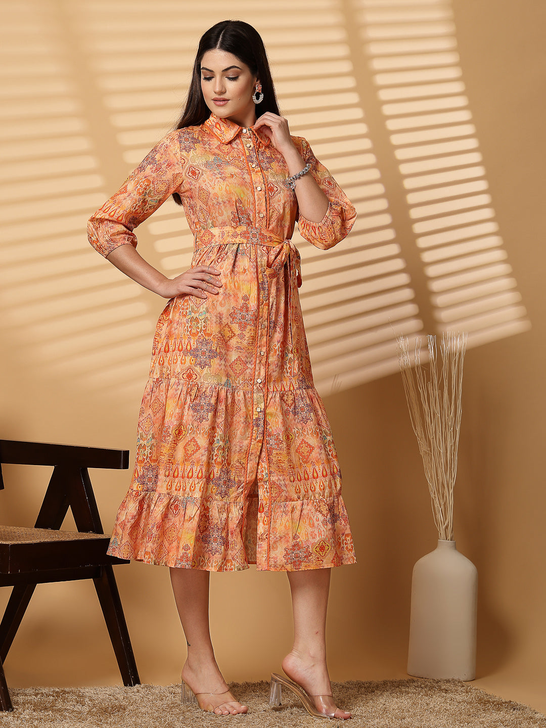 Cotton Cambric Printed Midi A-Line Orange Dress - Cosmic Trio