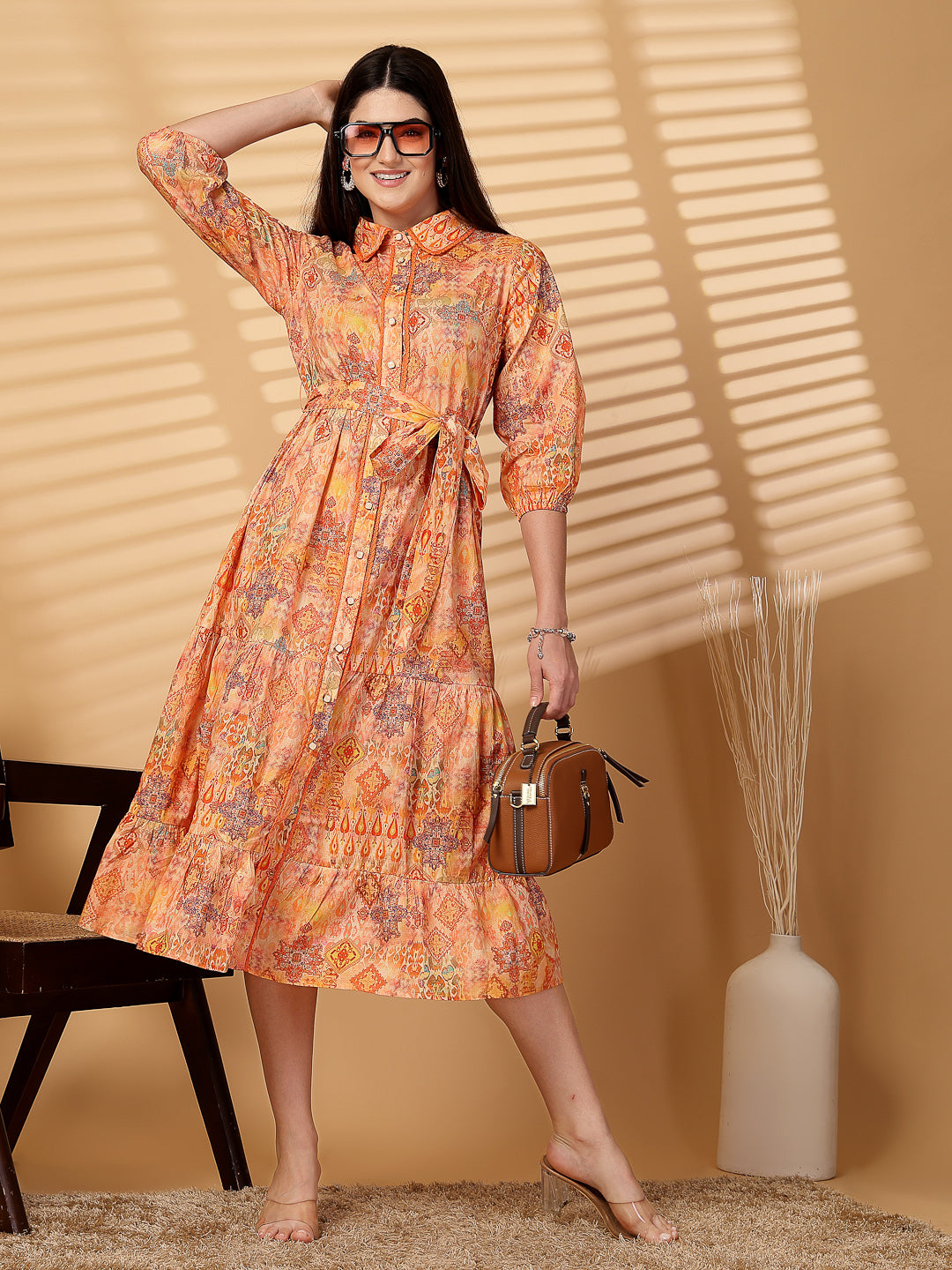 Cotton Cambric Printed Midi A-Line Orange Dress - Cosmic Trio