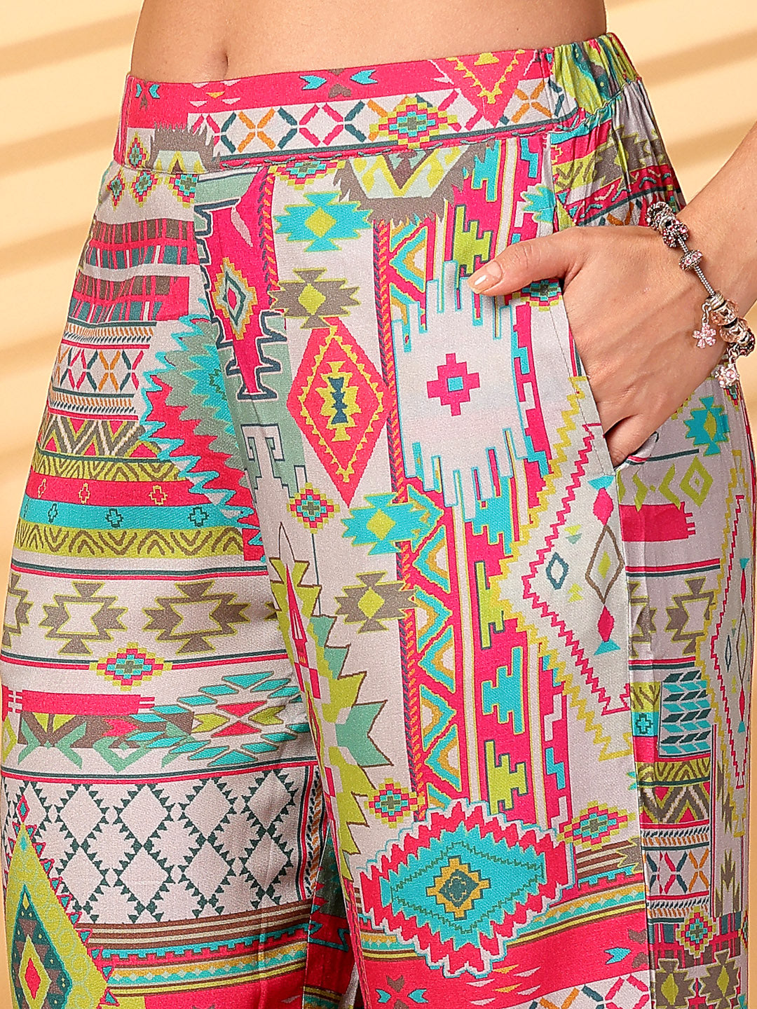 High Low Printed Co-Ord Set With Hand Work Embroidery - Cosmic Trio