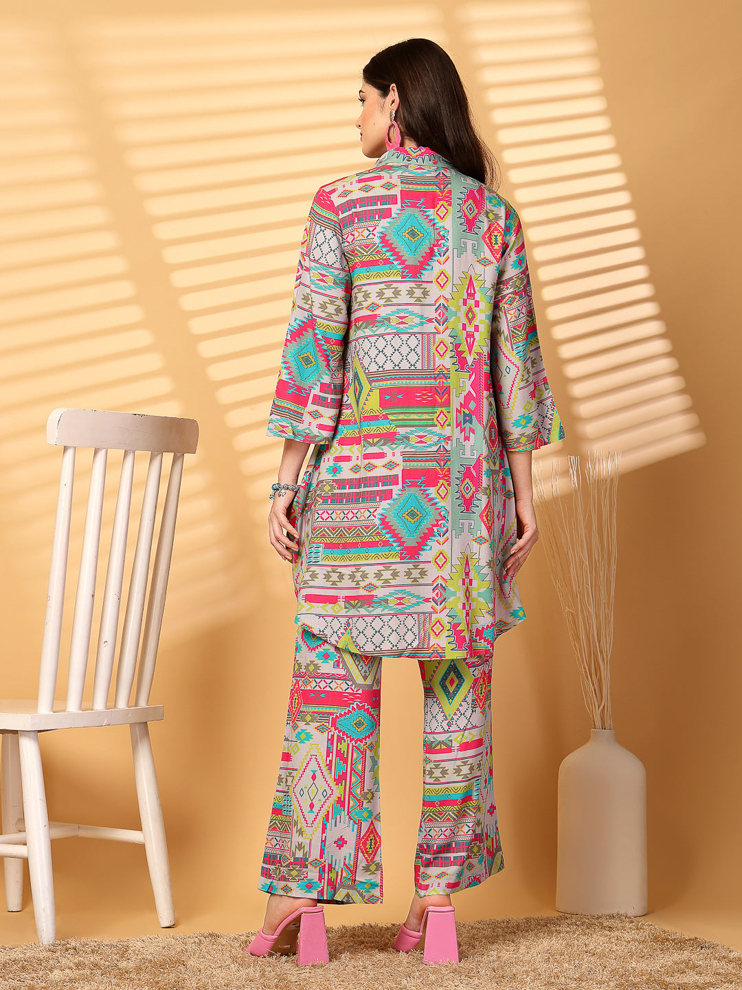 High Low Printed Co-Ord Set With Hand Work Embroidery - Cosmic Trio