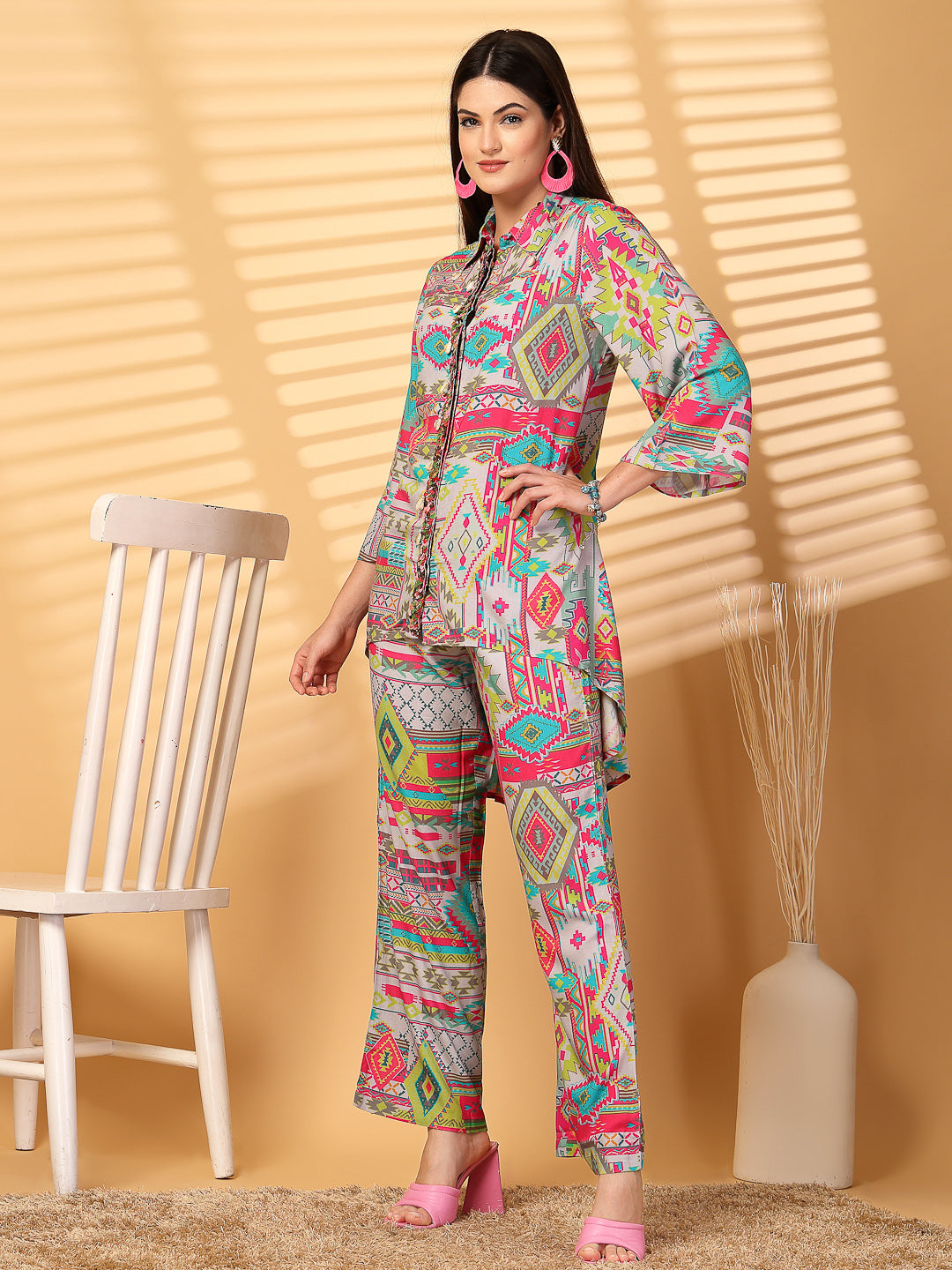 High Low Printed Co-Ord Set With Hand Work Embroidery - Cosmic Trio