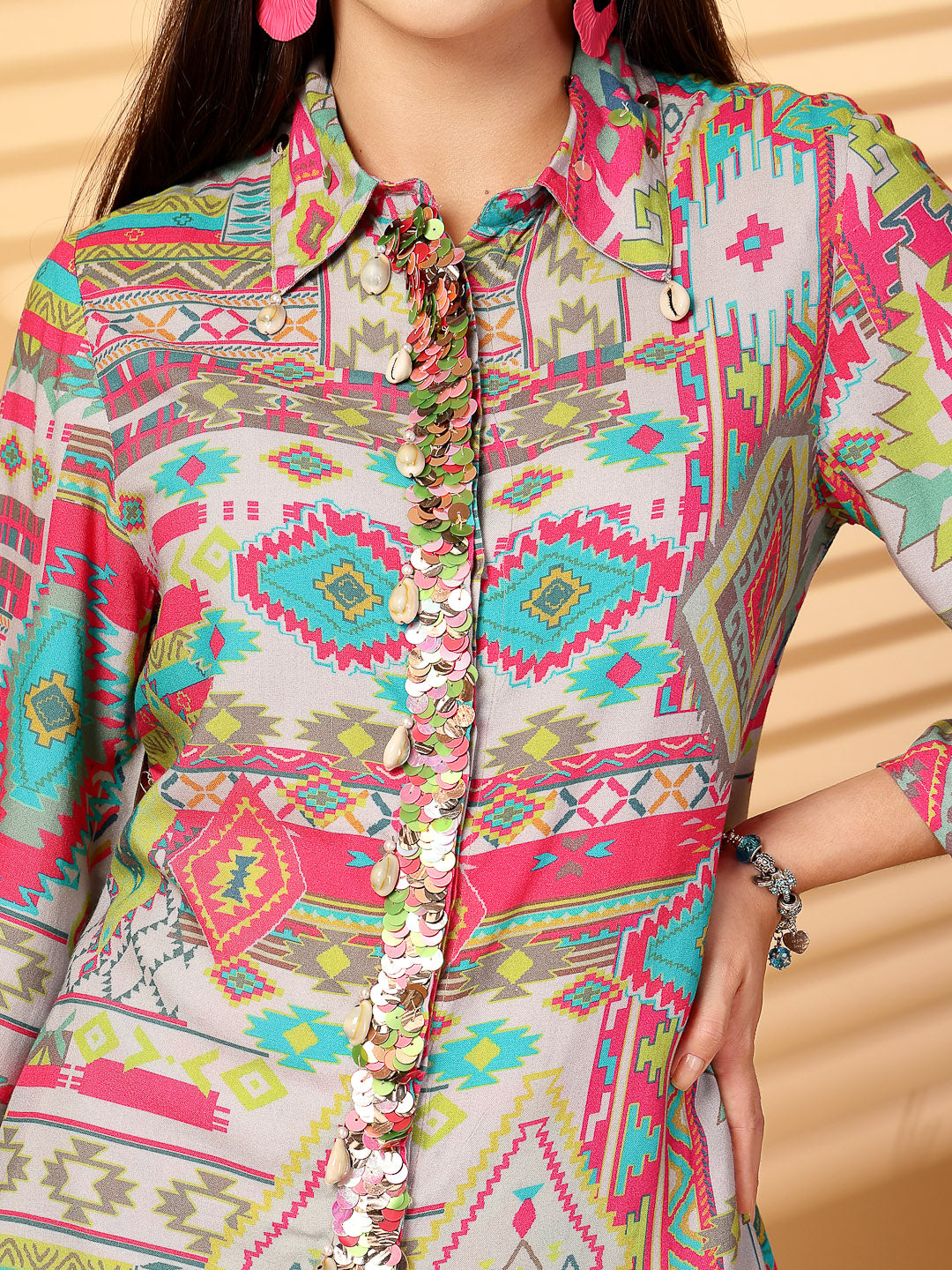 High Low Printed Co-Ord Set With Hand Work Embroidery - Cosmic Trio