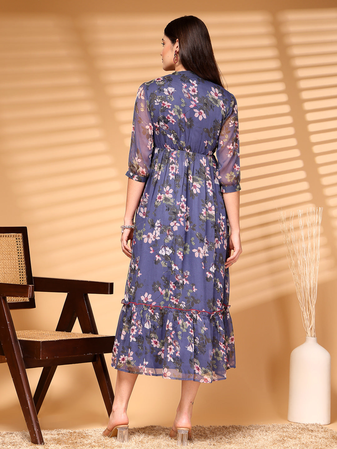 Chiffon Printed Long Dress Crepe Lining - Cosmic Trio