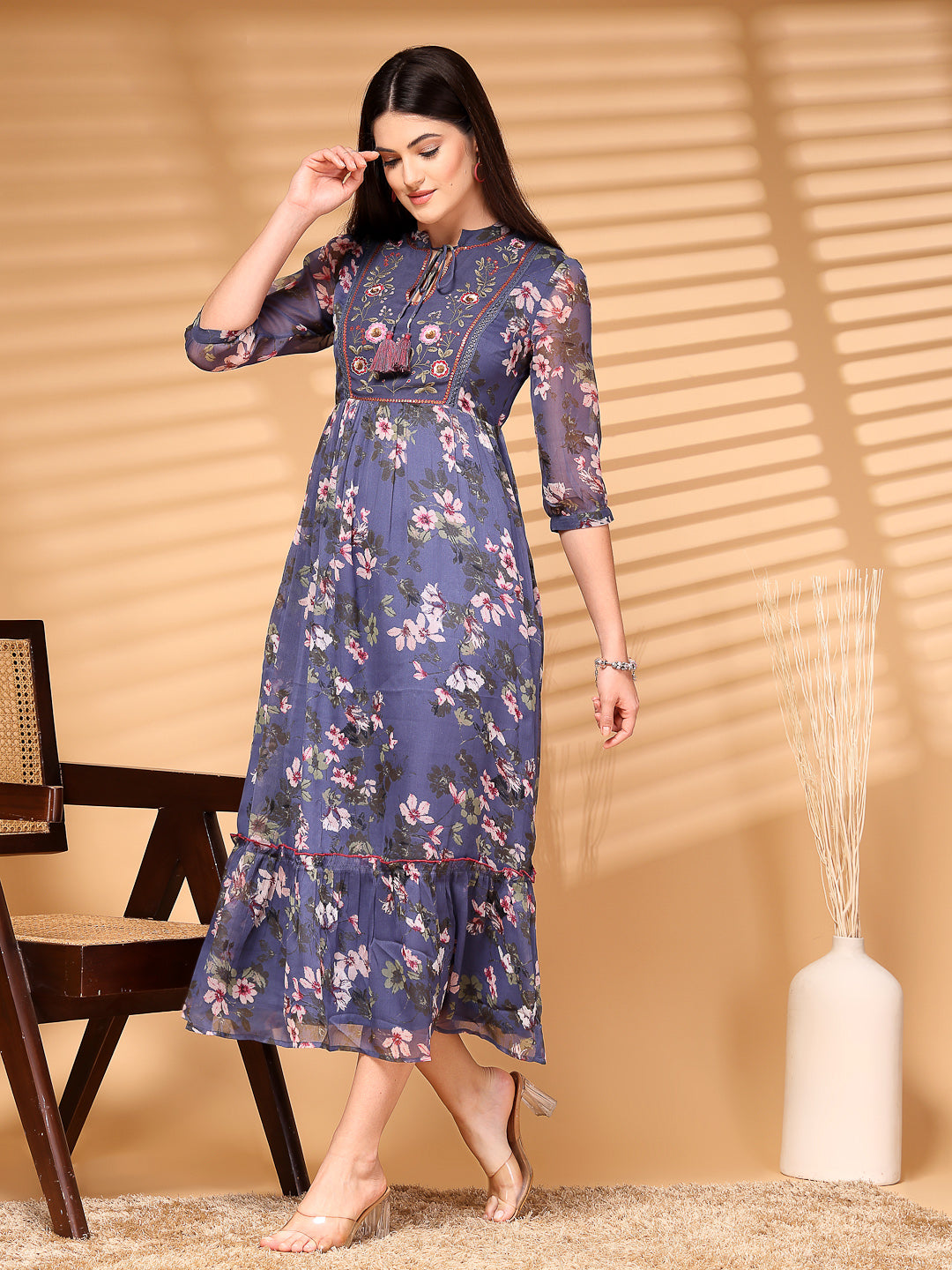 Chiffon Printed Long Dress Crepe Lining - Cosmic Trio