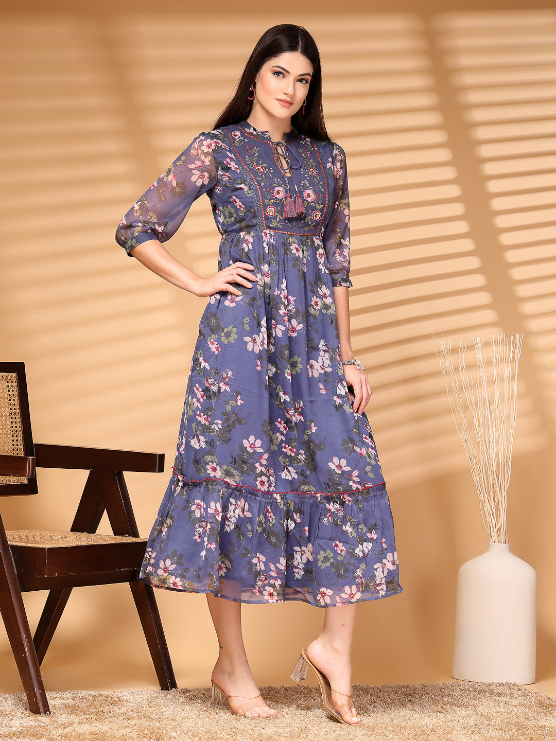 Chiffon Printed Long Dress Crepe Lining - Cosmic Trio