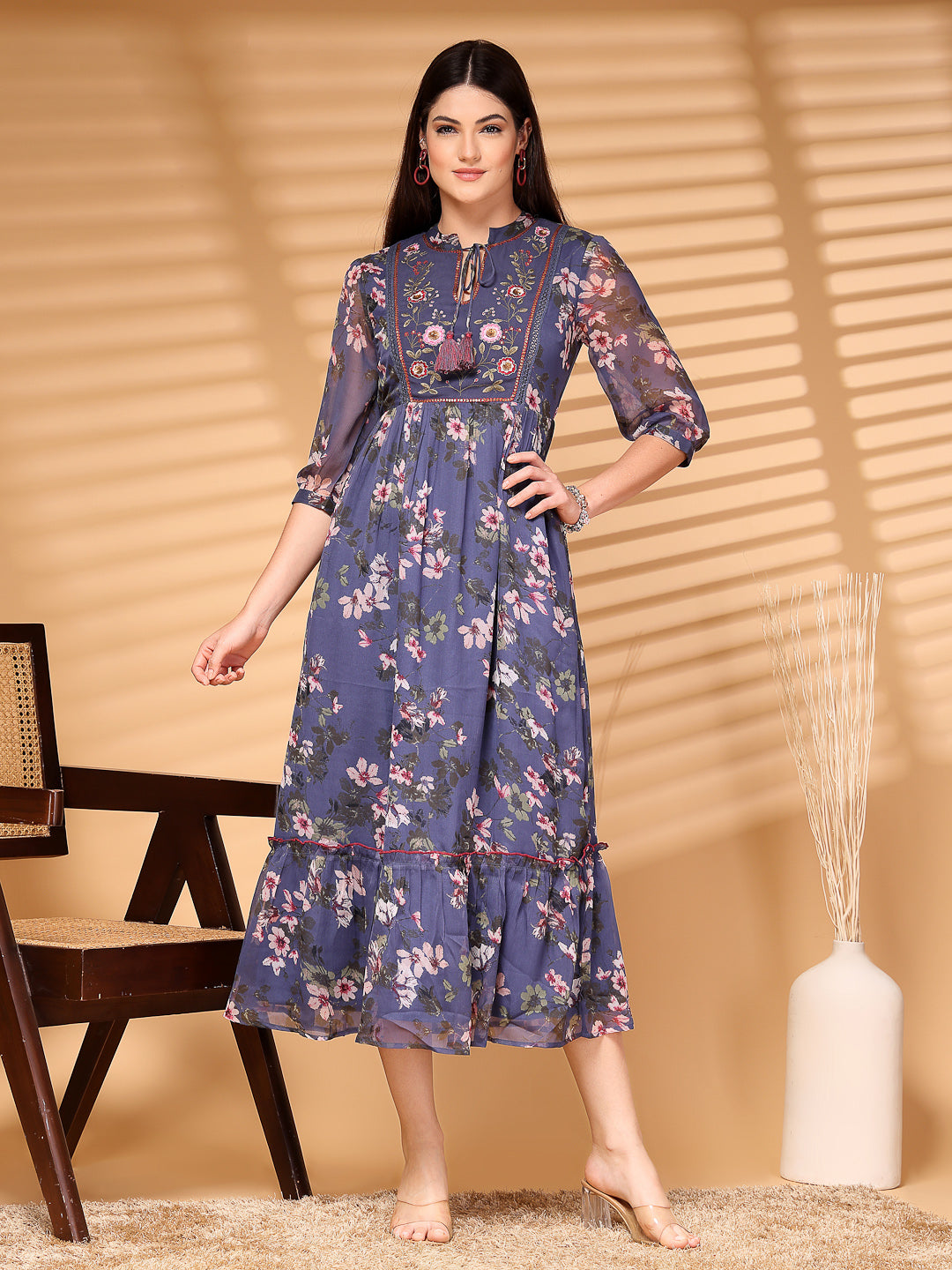 Chiffon Printed Long Dress Crepe Lining - Cosmic Trio