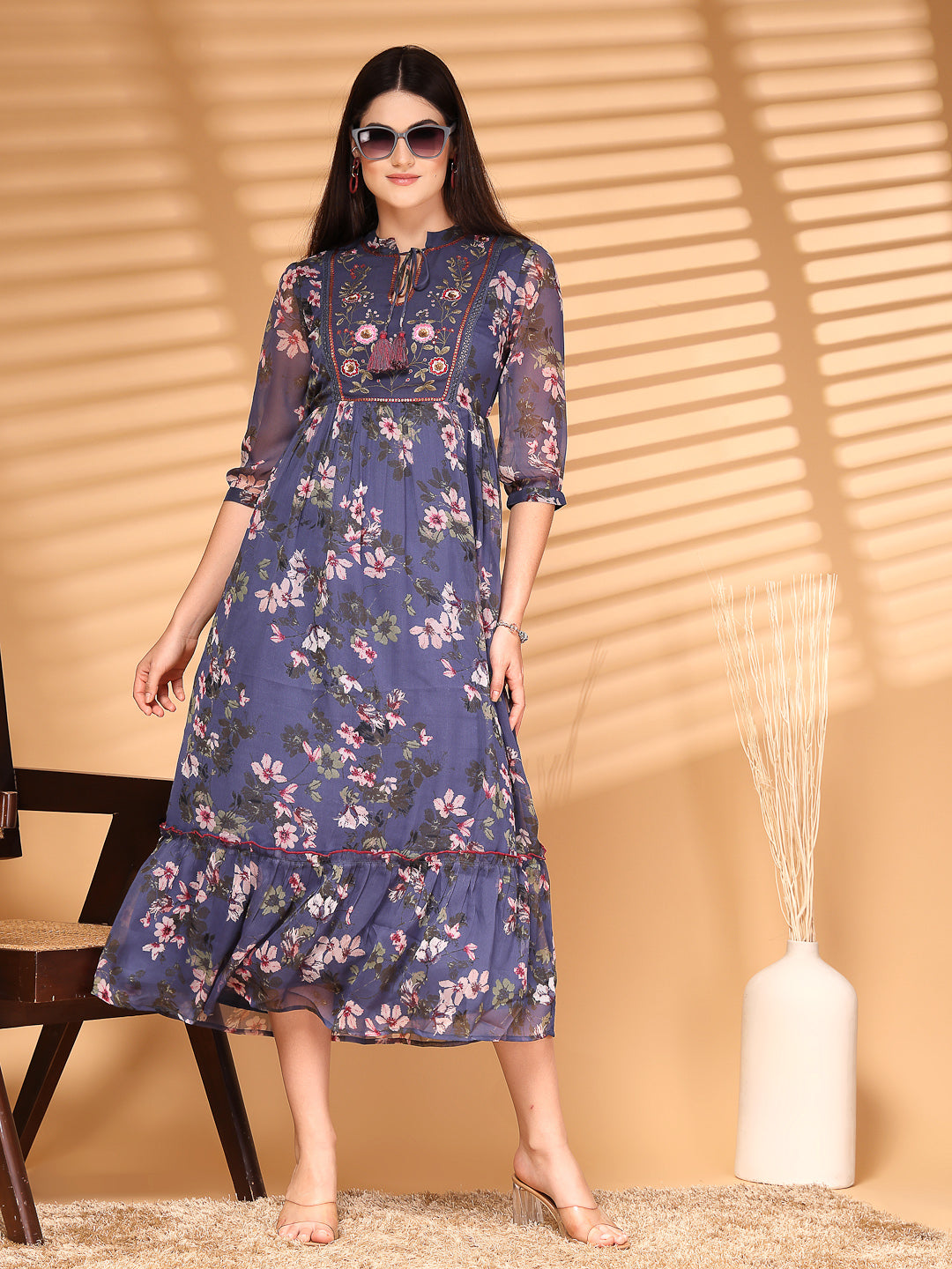 Chiffon Printed Long Dress Crepe Lining - Cosmic Trio