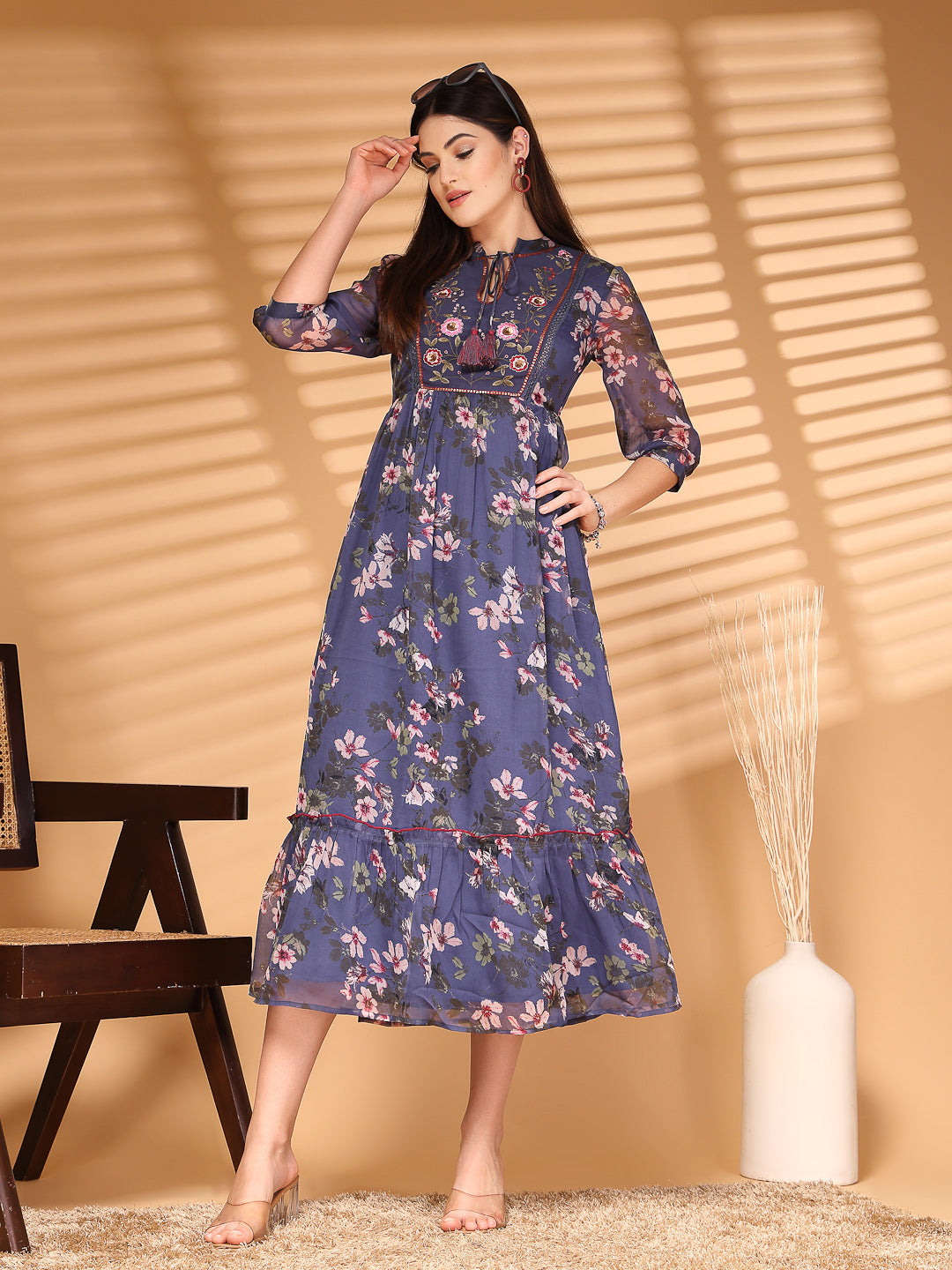 Chiffon Printed Long Dress Crepe Lining - Cosmic Trio