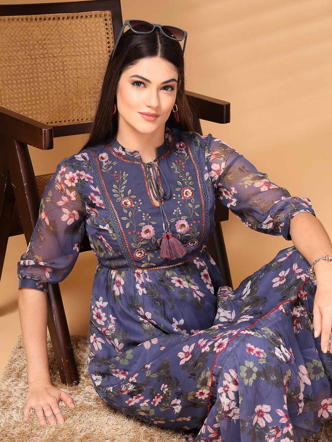 Chiffon Printed Long Dress Crepe Lining - Cosmic Trio