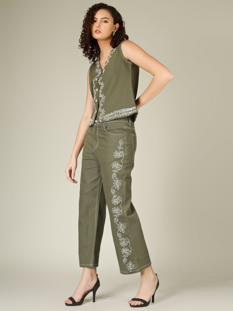 Olive Green Embroidered Denim Co Ord Set Women