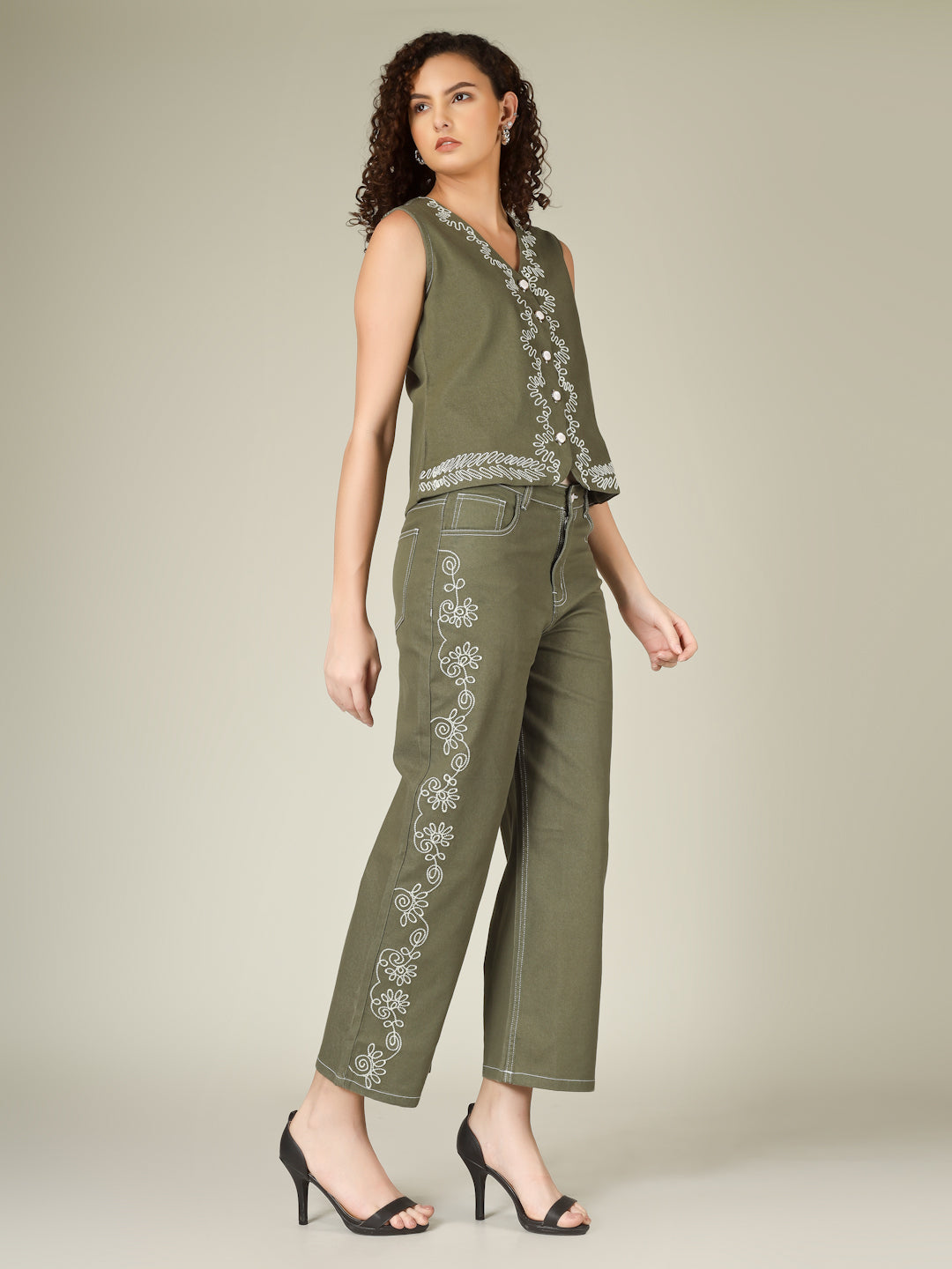 Olive Green Embroidered Denim Co Ord Set Women