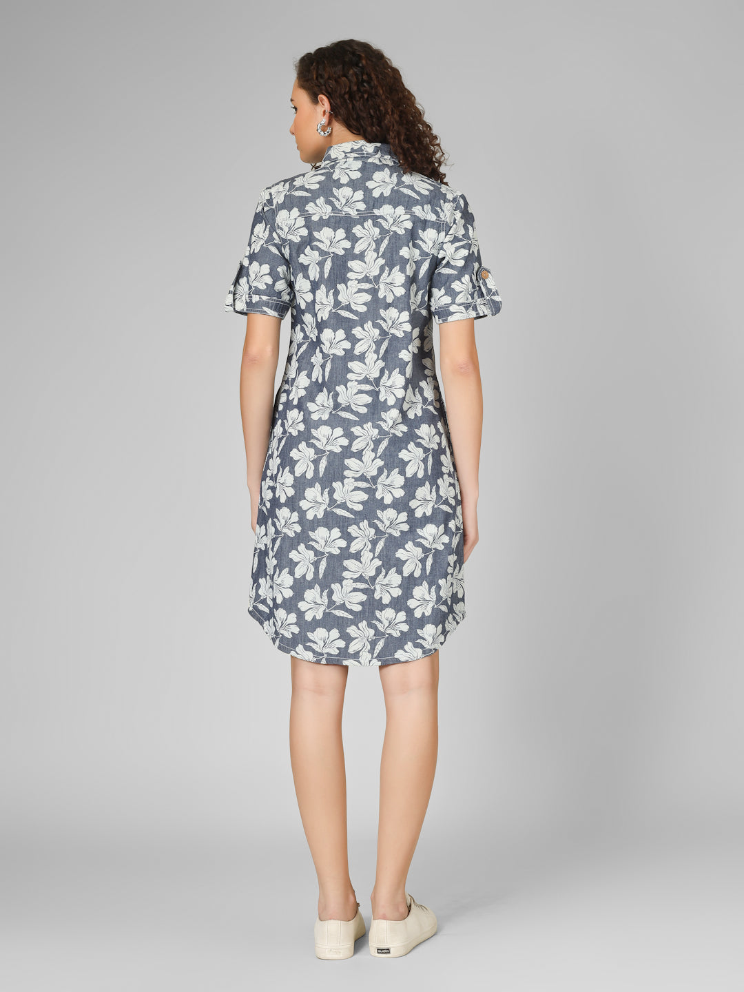 Navy Blue Floral Print Denim Shirt Dress Women