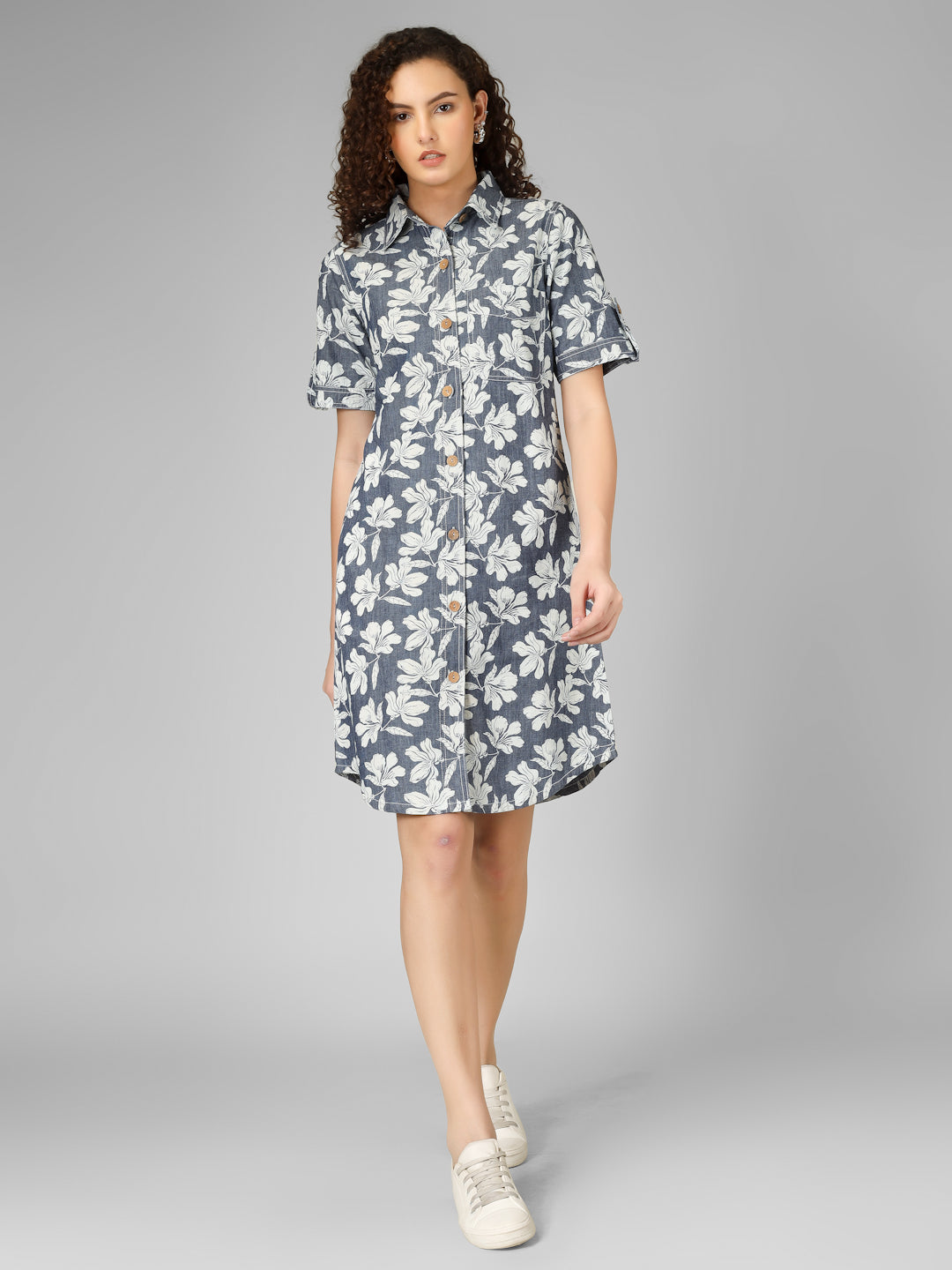 Navy Blue Floral Print Denim Shirt Dress Women
