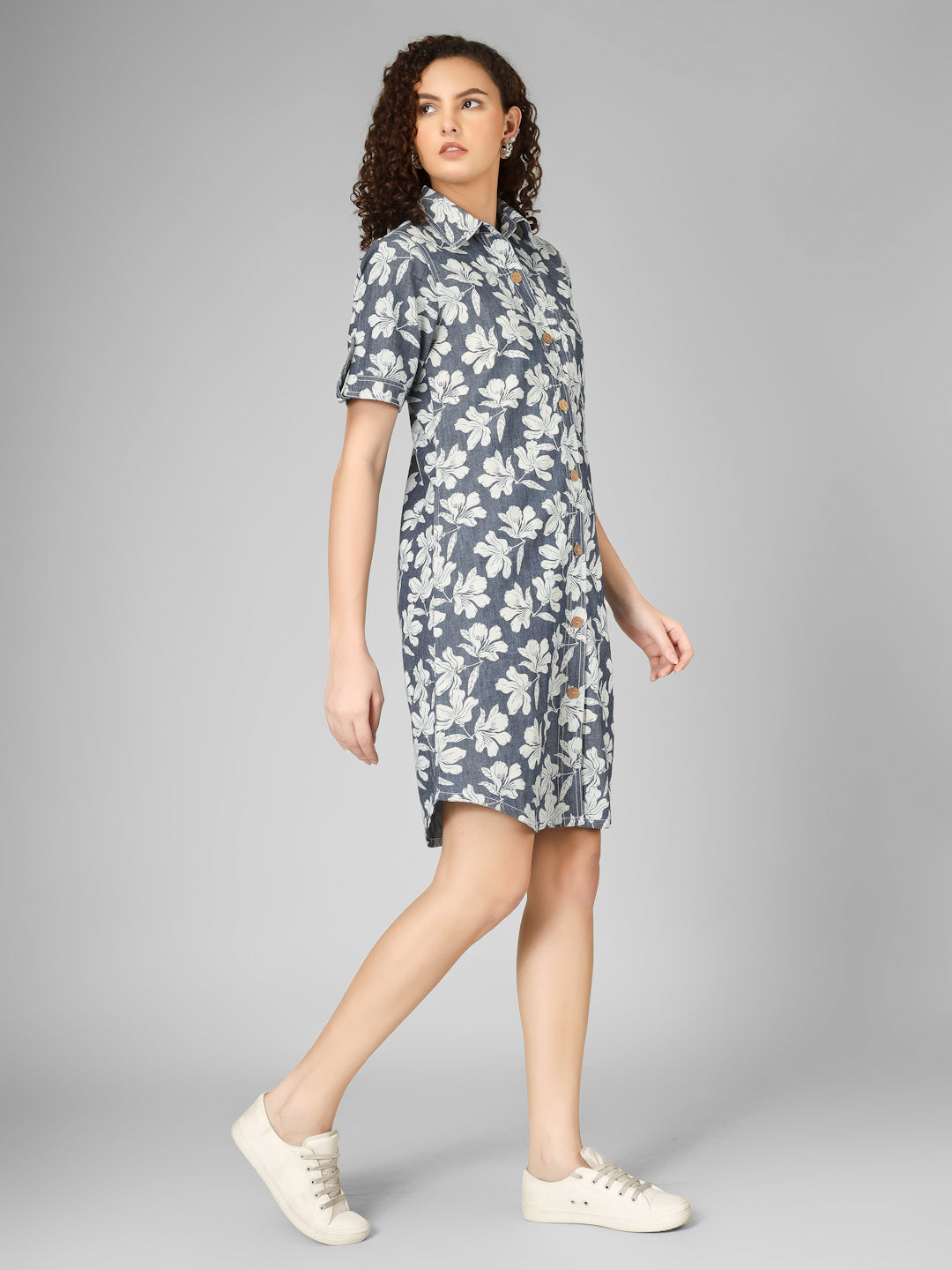 Navy Blue Floral Print Denim Shirt Dress Women