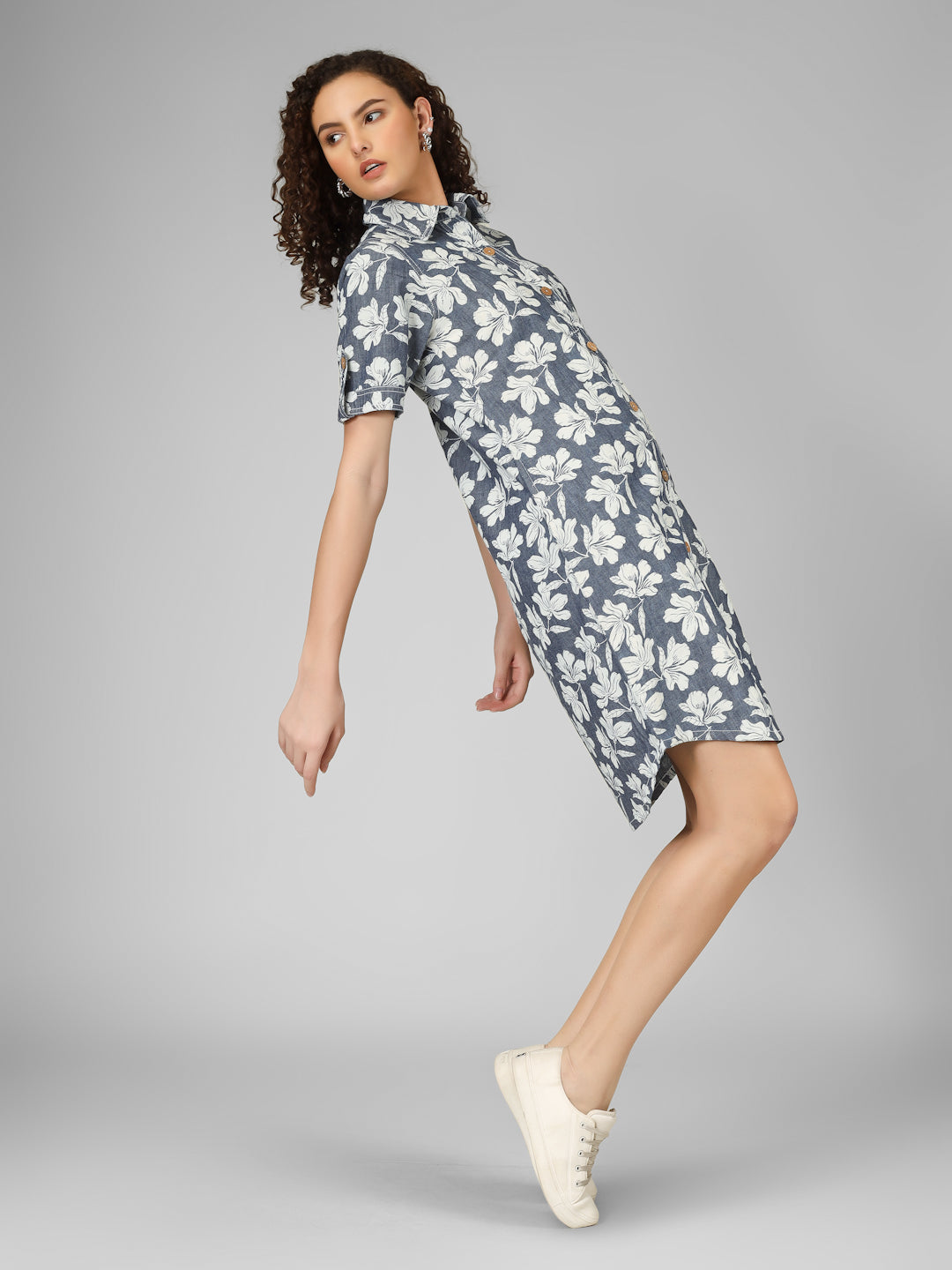 Navy Blue Floral Print Denim Shirt Dress Women
