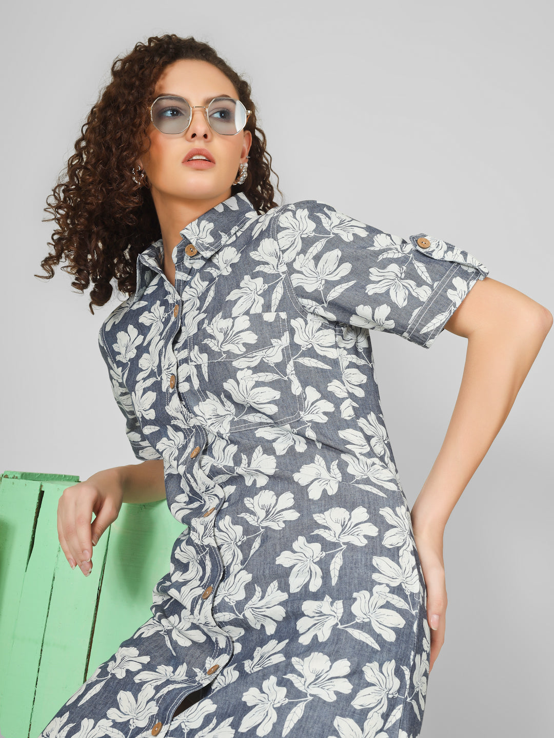 Navy Blue Floral Print Denim Shirt Dress Women