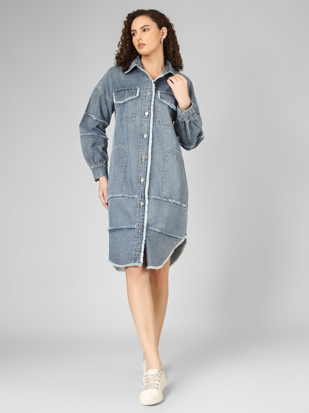 Patchwork Denim Fringed Shirt Dress