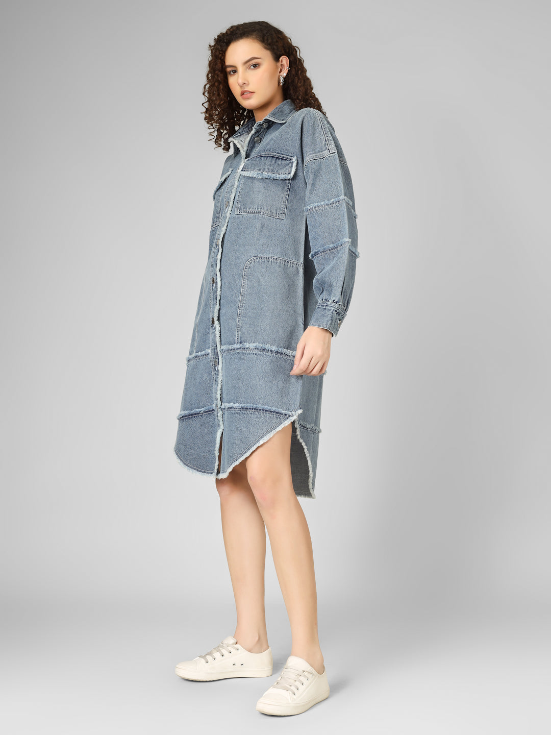 Patchwork Denim Fringed Shirt Dress