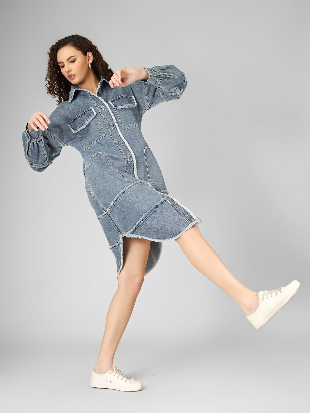 Patchwork Denim Fringed Shirt Dress