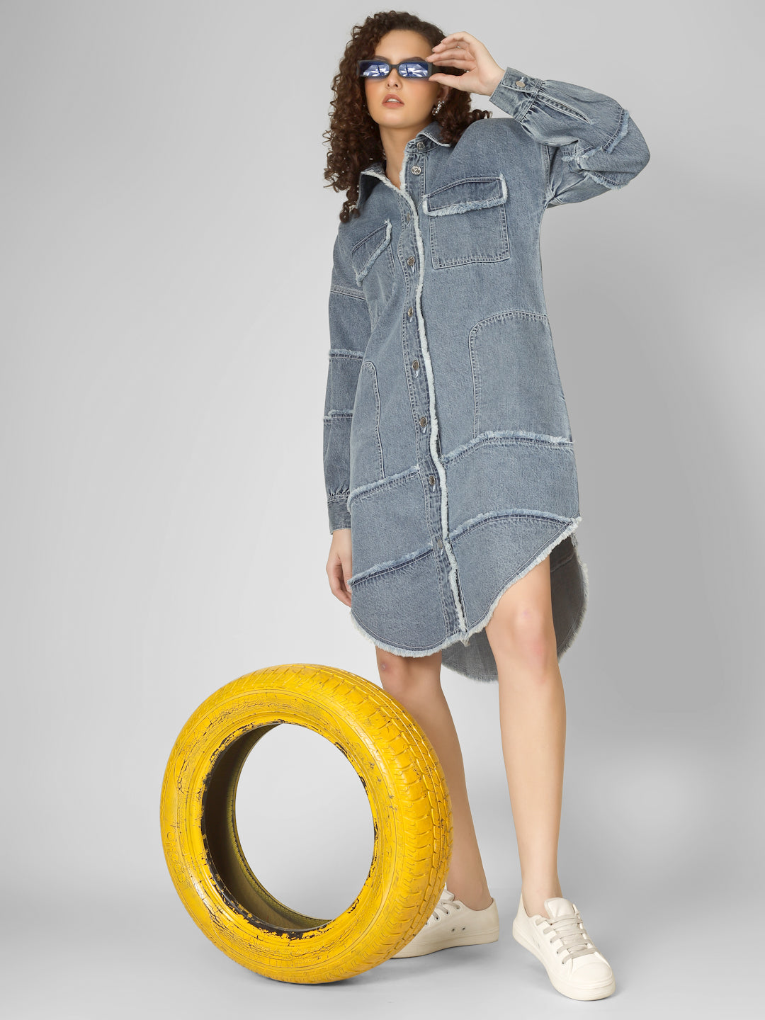 Patchwork Denim Fringed Shirt Dress