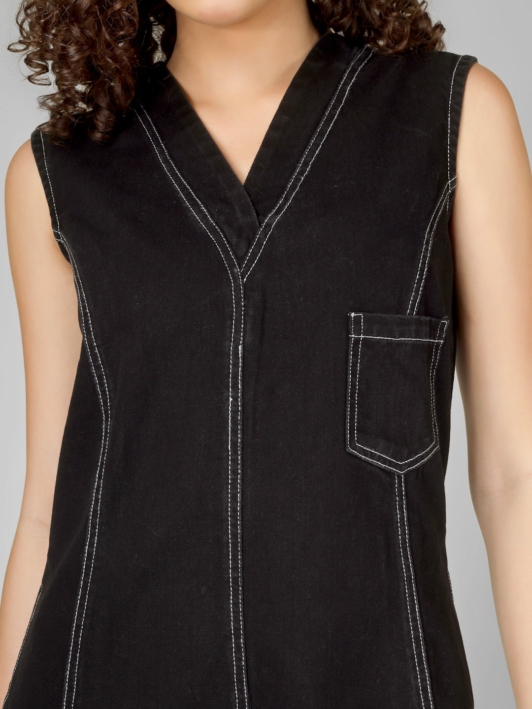 Black Denim A-Line Dress with Contrast Stitching