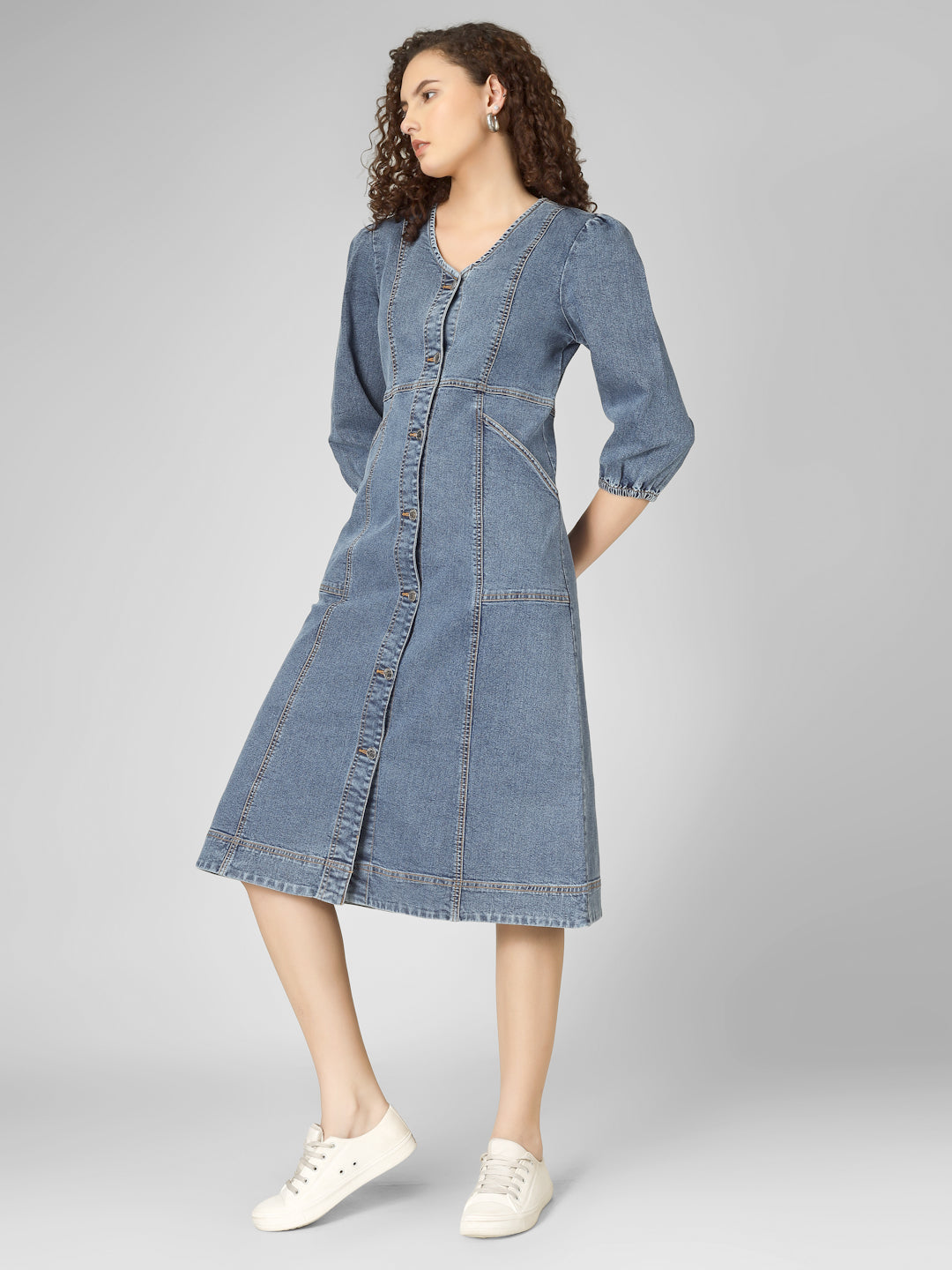 Classic Blue Denim Midi Dress with Front Buttons