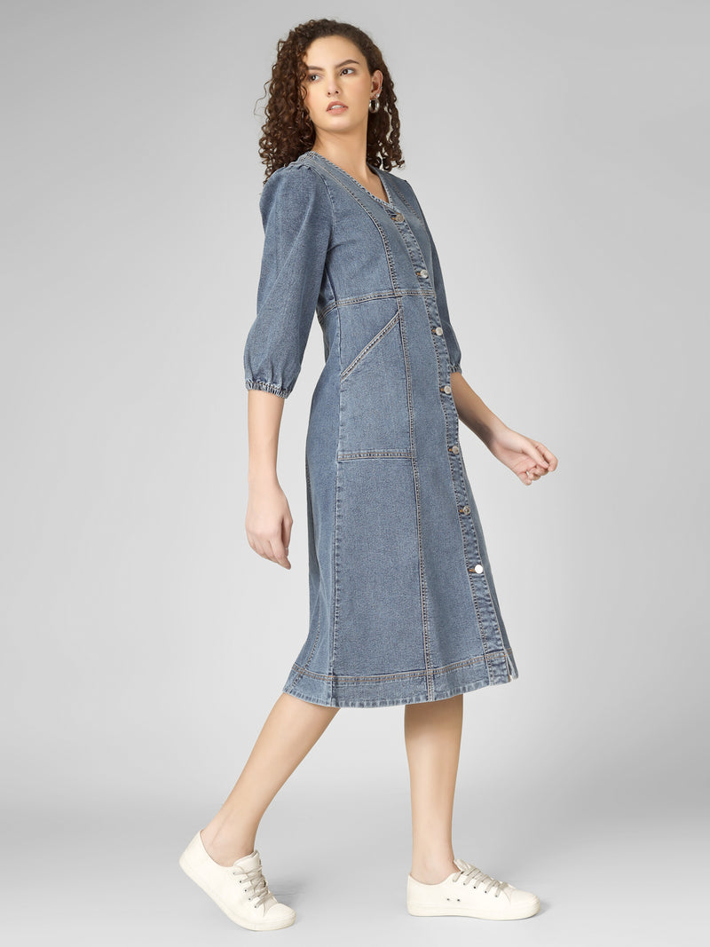 Blue Denim Shirt Style A Line Pocket Dress Women