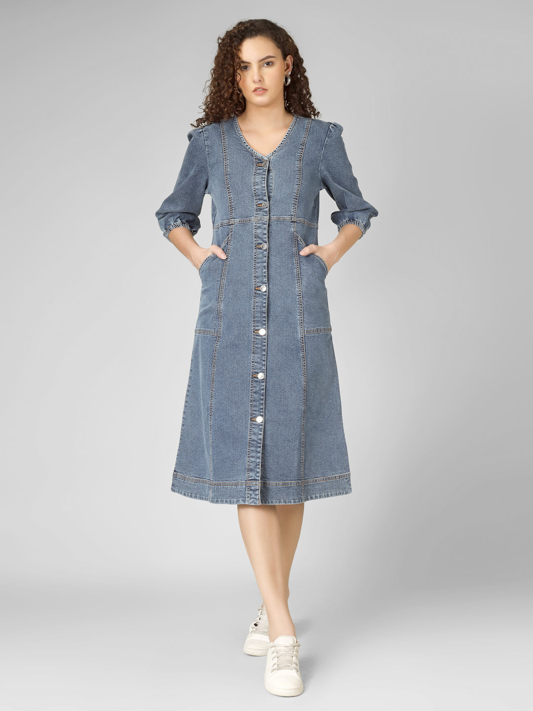 Blue Denim Shirt-Type A-Line Dress for Women with Pockets