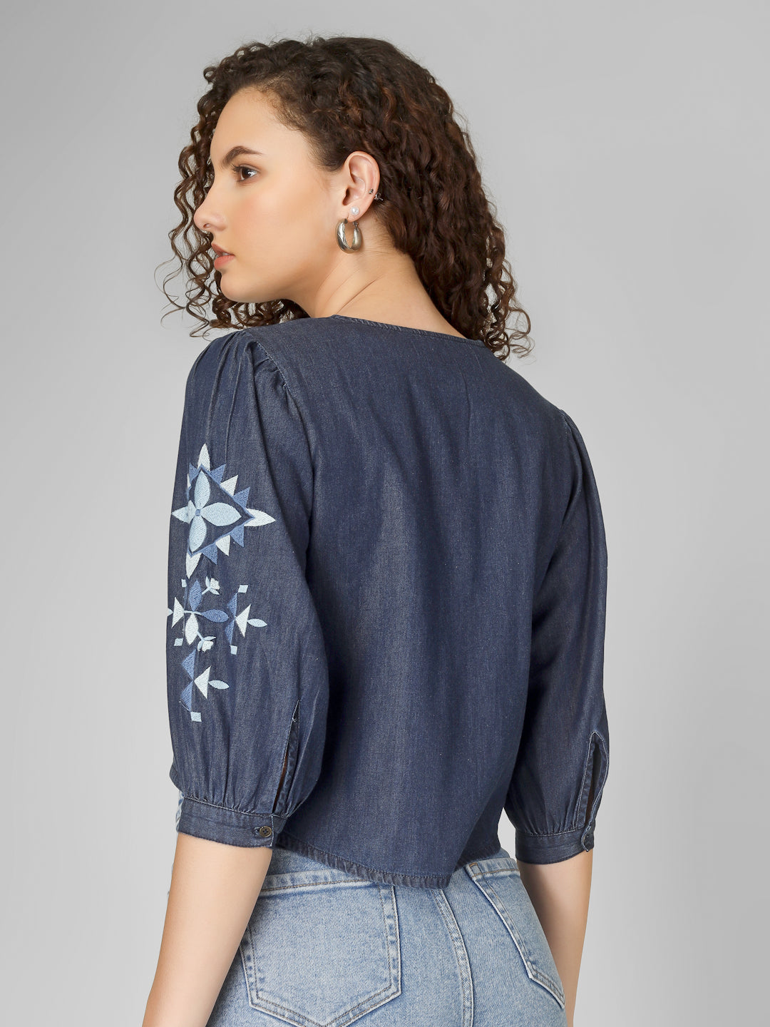 Indigo Embroidered Denim Crop Top