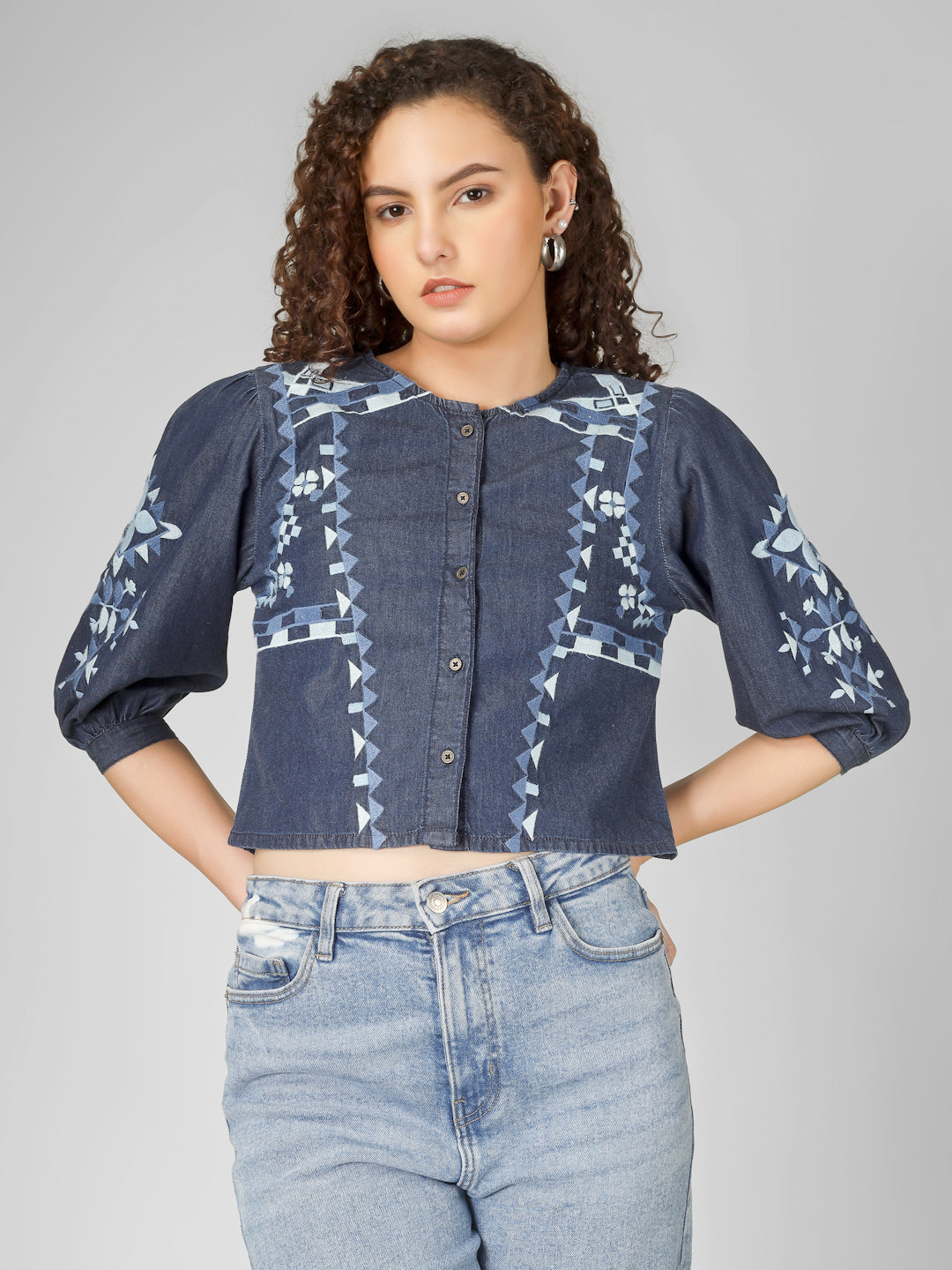 Indigo Embroidered Denim Crop Top