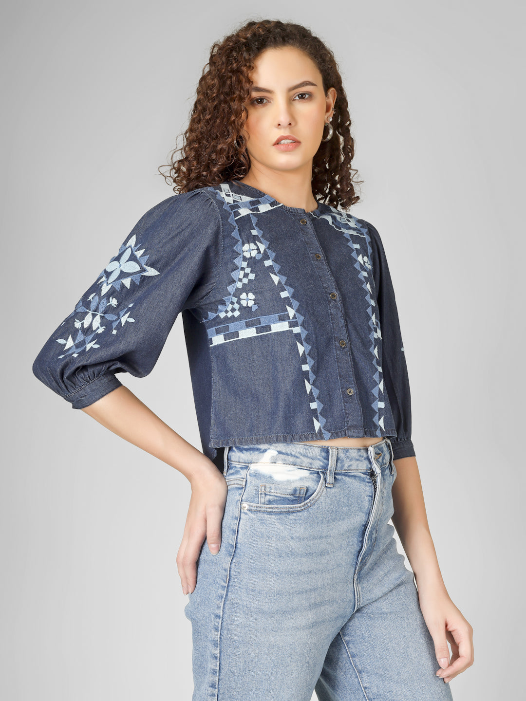 Indigo Embroidered Denim Crop Top